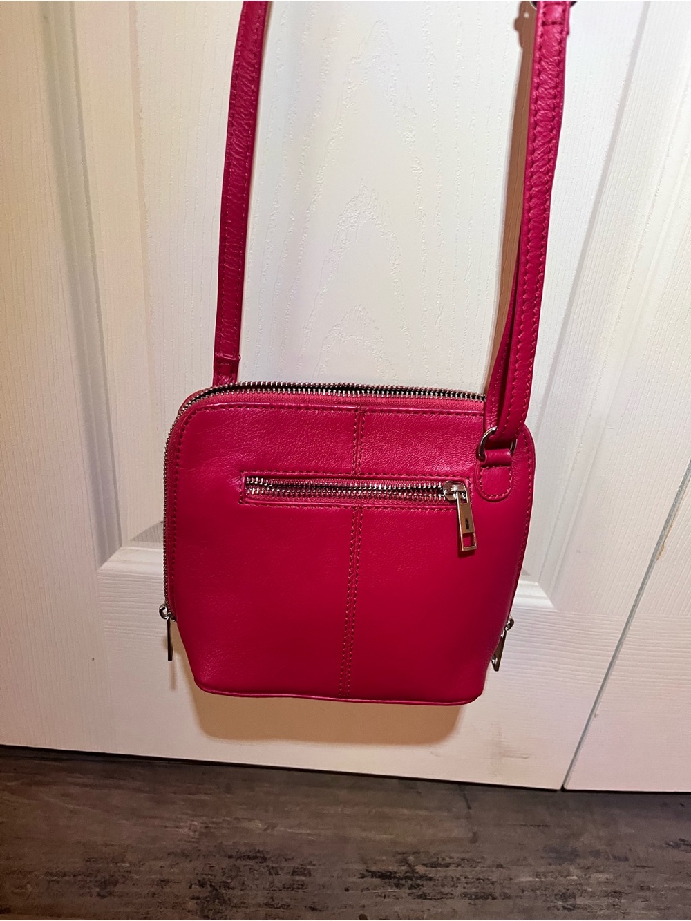 Red Leather Crossbody Bag, Front Zip Silver Hardware Pocket Inside Card Pockets